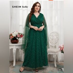 SHEIN Elegant Green V-Neck Cape Sparkle Evening Gown Size 3XL